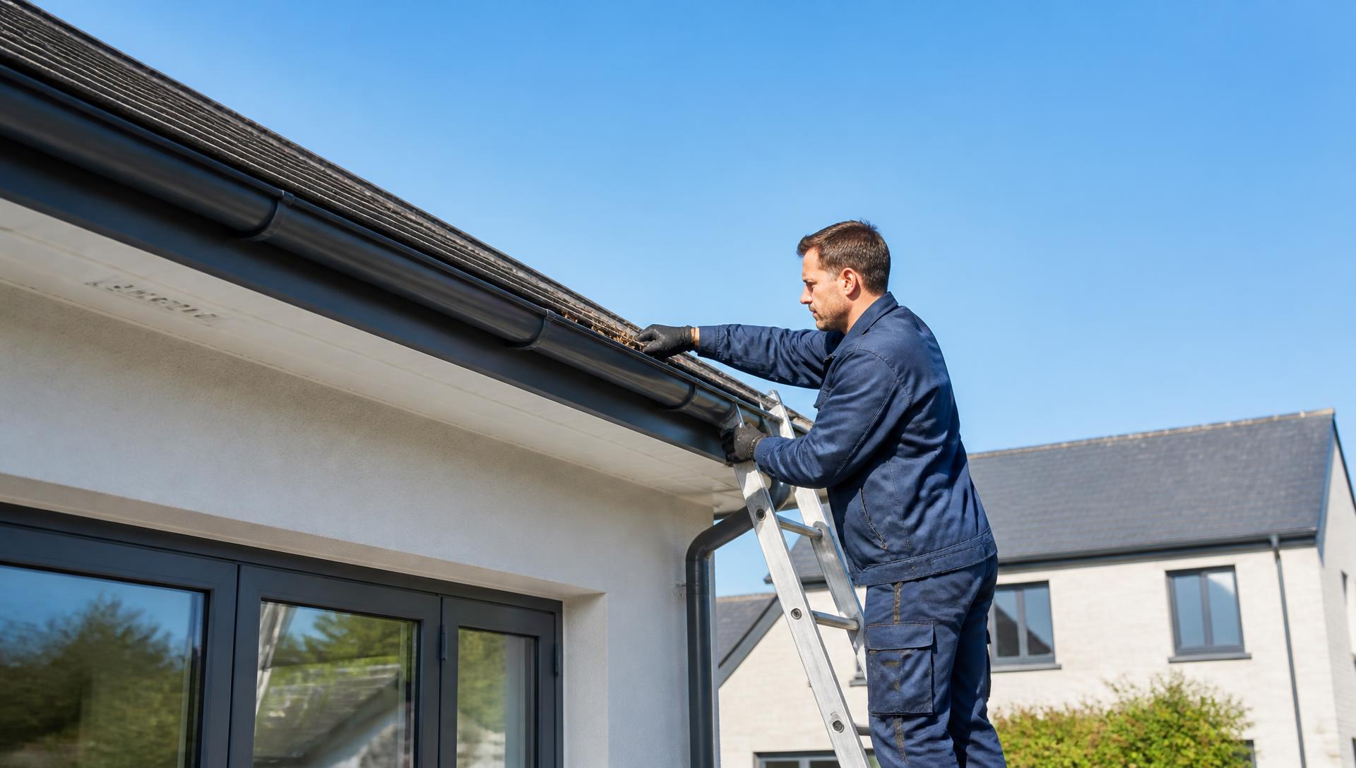 Alex from Roofline Gutter Care on a ladder clearing a residential gutter in Lincolnshire